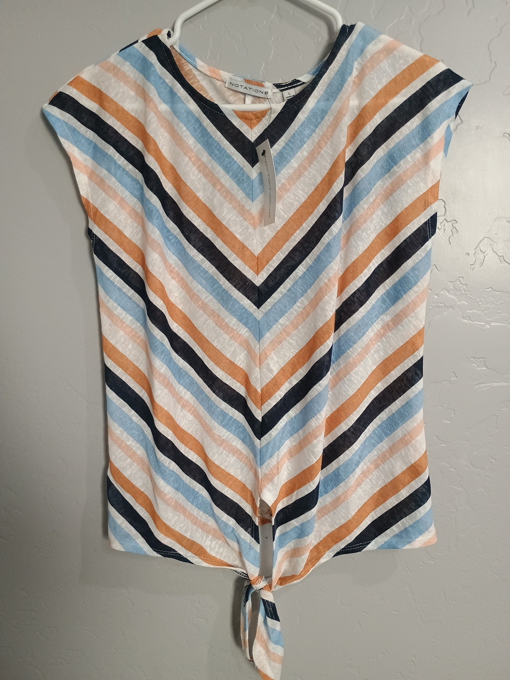 Notations Striped Tie-Front Cap Sleeve Top - Blue, White, Tan, Navy